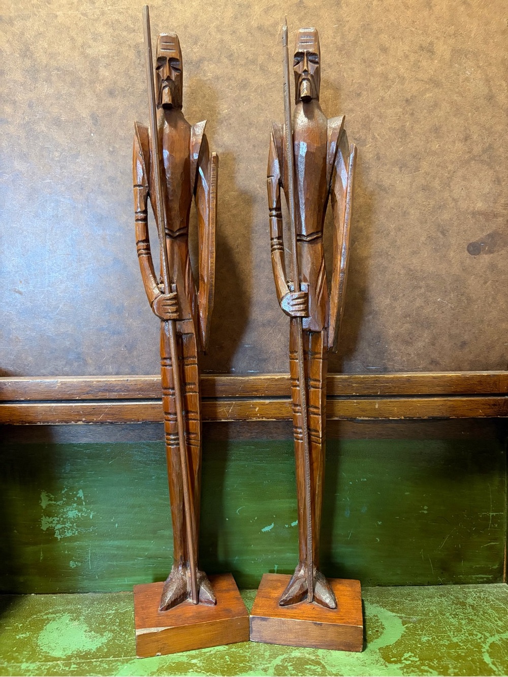 Vintage- MCM, hand-carved wooden statues- Spear and Shield depicting Don Quixote